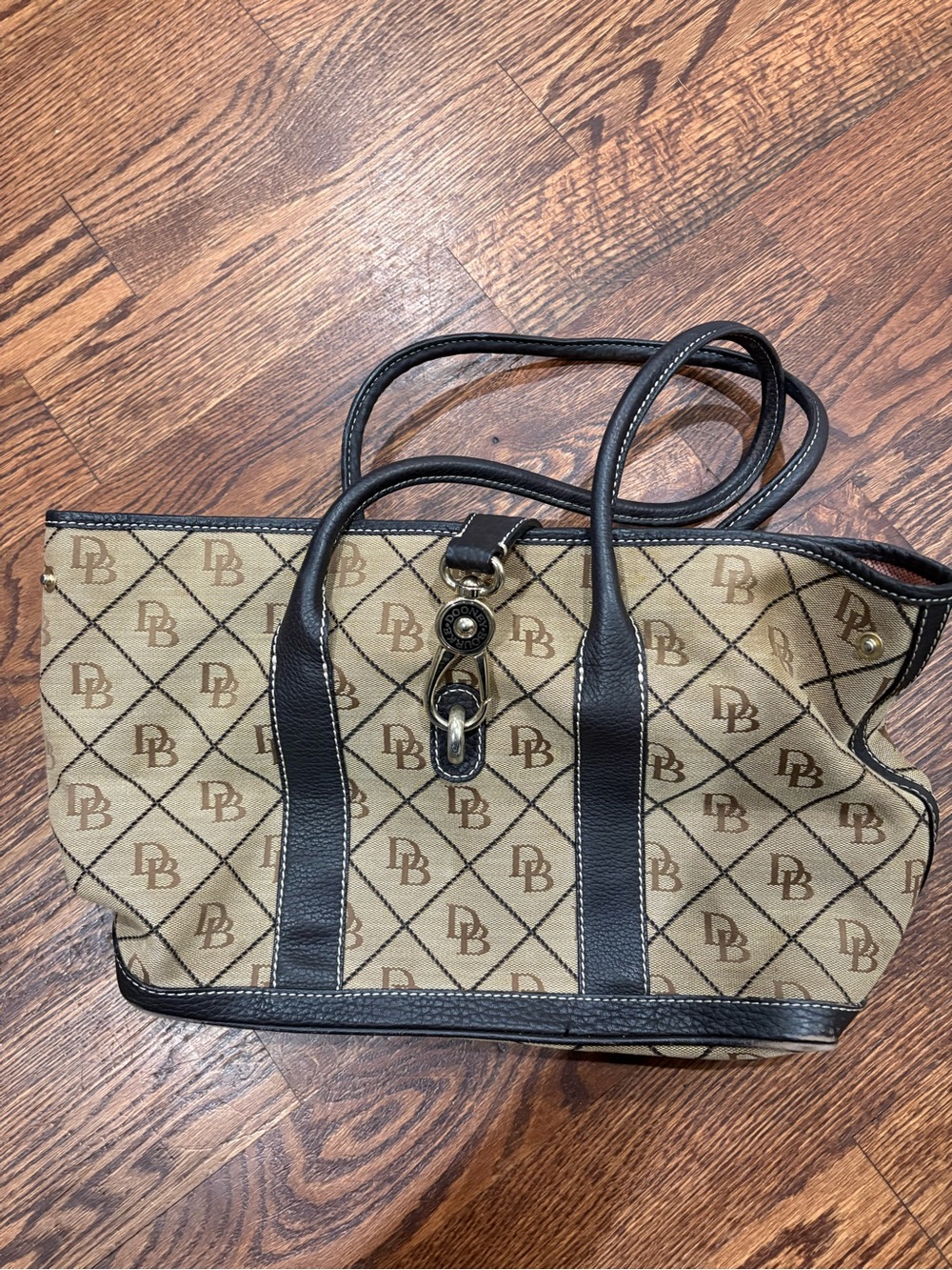 Dooney & Bourke Tan and Brown DB Logo Tote with Black Trim
